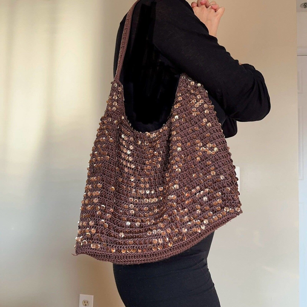 Sequin Woven Handmade Vintage Bag Tote Brown